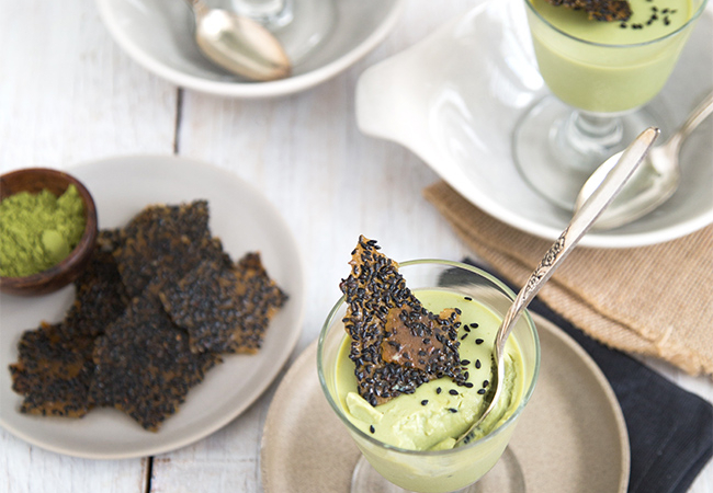 Matcha Panna Cotta with Black Sesame Brittle