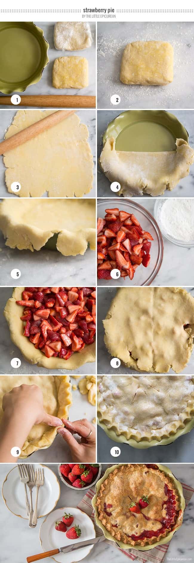 step by step images showing how to make from-scratch strawberry pie.