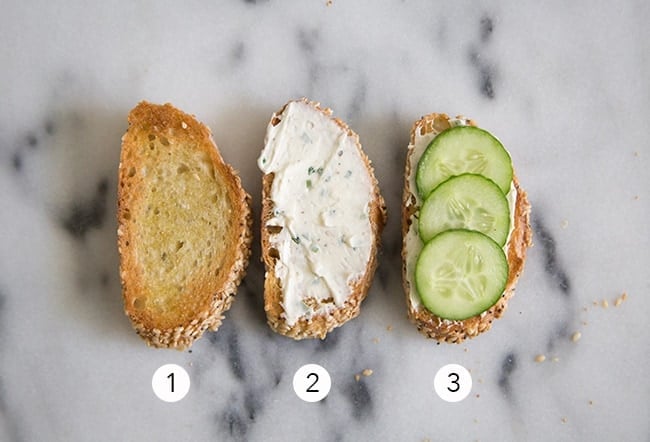 three steps how to assemble cucumber chive cream cheese crostini. 