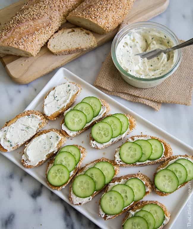 Cucumber Crostini with Garlic and Chives Cream Cheese.