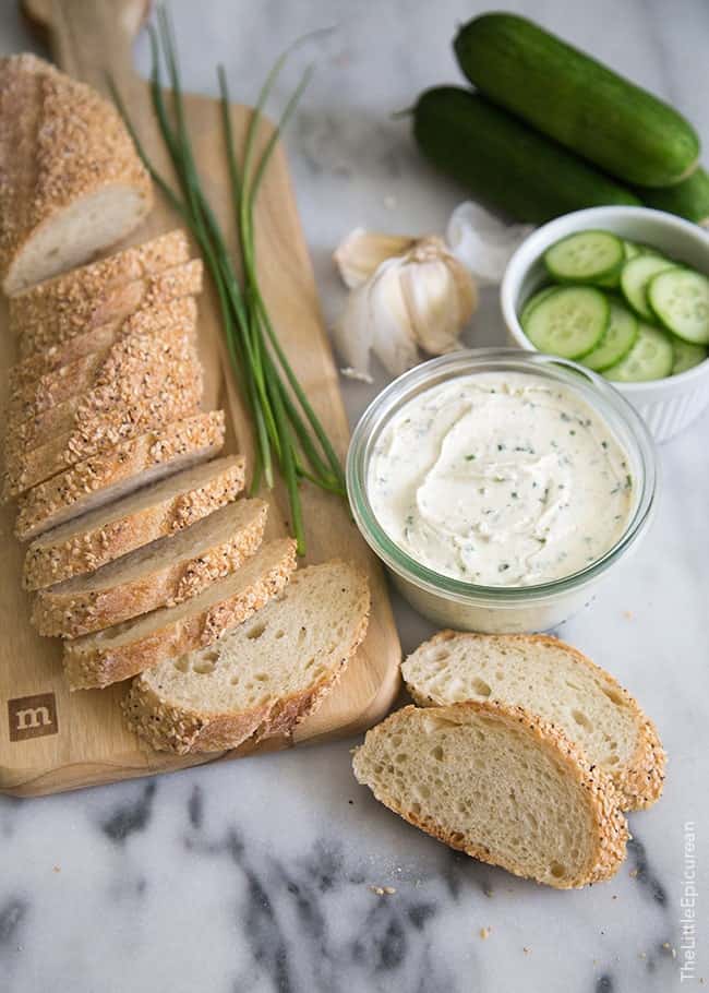 Cucumber Crostini with Garlic and Chives Cream Cheese.