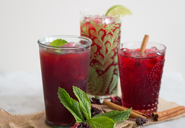 A trio of cold brew hibiscus tea