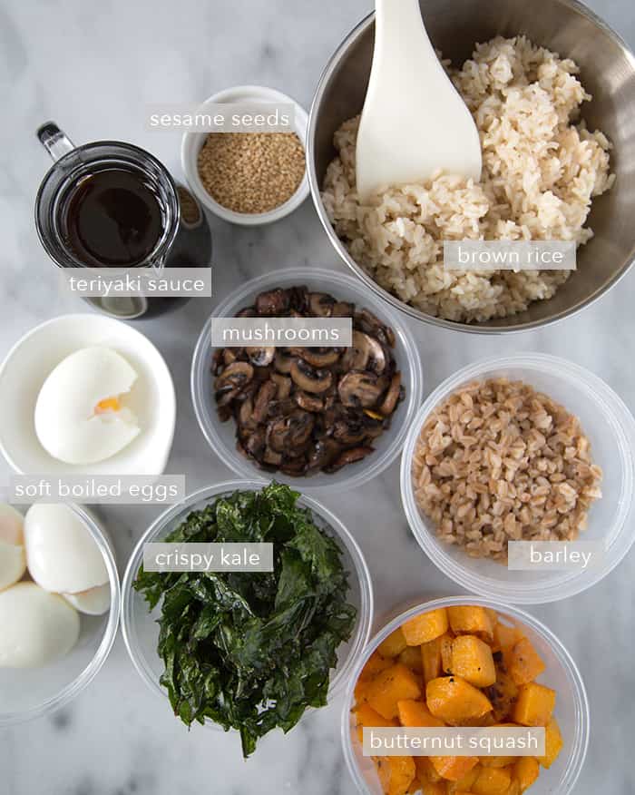 Barley Rice Bowl with vegetables, soft boiled egg, and teriyaki sauce