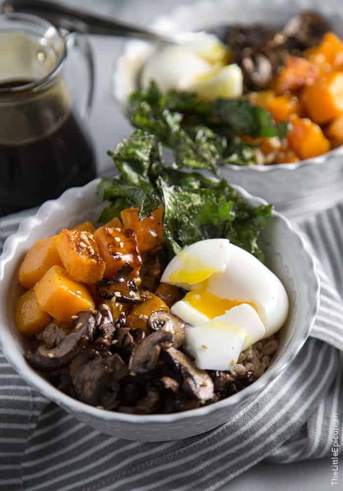 Barley Rice Bowl with vegetables and soft boiled egg in teriyaki sauce
