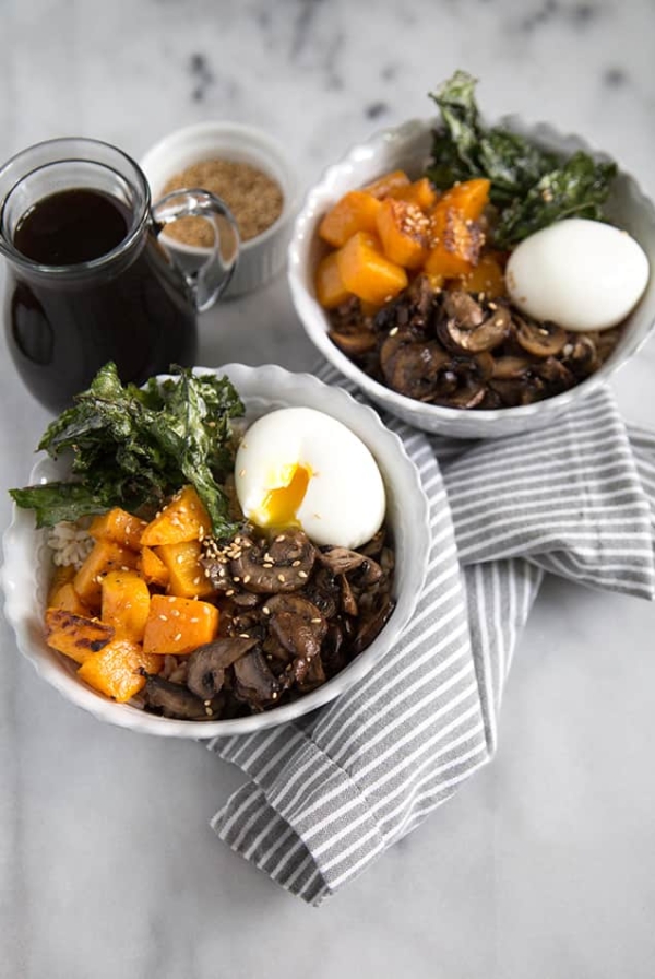 Barley Rice Bowl with vegetables, soft boiled egg, and teriyaki sauce