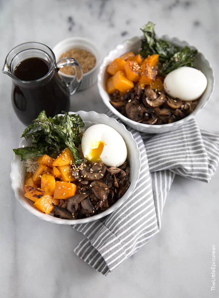 Barley Rice Bowl with vegetables, soft boiled egg, and teriyaki sauce