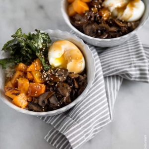 Barley Rice Bowl with vegetables, soft boiled egg, and teriyaki sauce