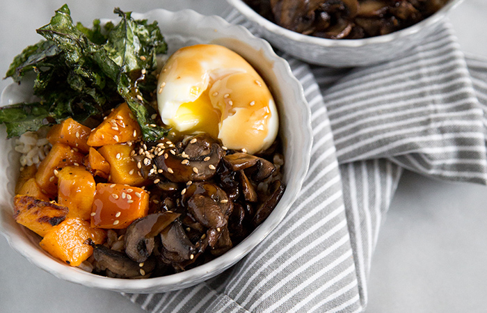 Barley Rice Bowl with vegetables, soft boiled egg, and teriyaki sauce