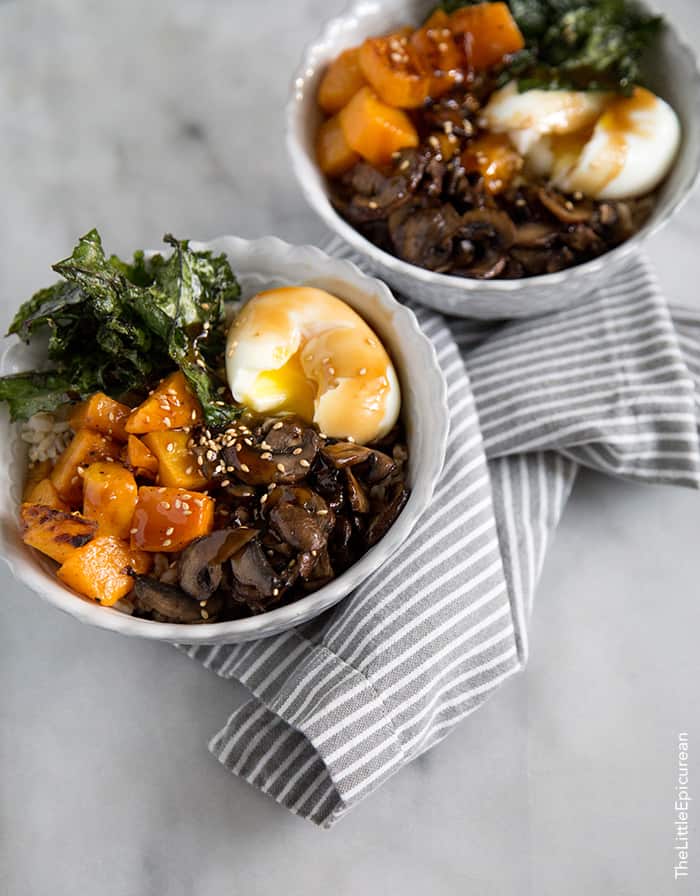 Barley Rice Bowl with vegetables, soft boiled egg, and teriyaki sauce