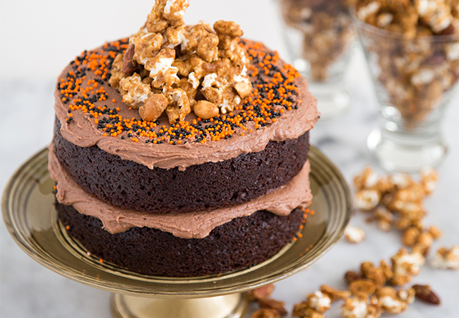 Chocolate Peanut Butter Cake with caramel popcorn | the little epicurean