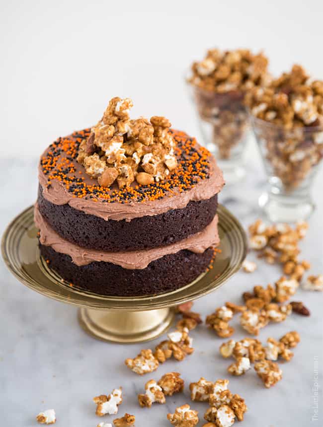 Chocolate Peanut Butter Cake with caramel popcorn | the little epicurean