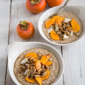 Overnight Steel Cut Oatmeals with persimmon and agave