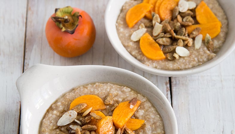 Overnight Steel Cut Oatmeals with persimmon and agave