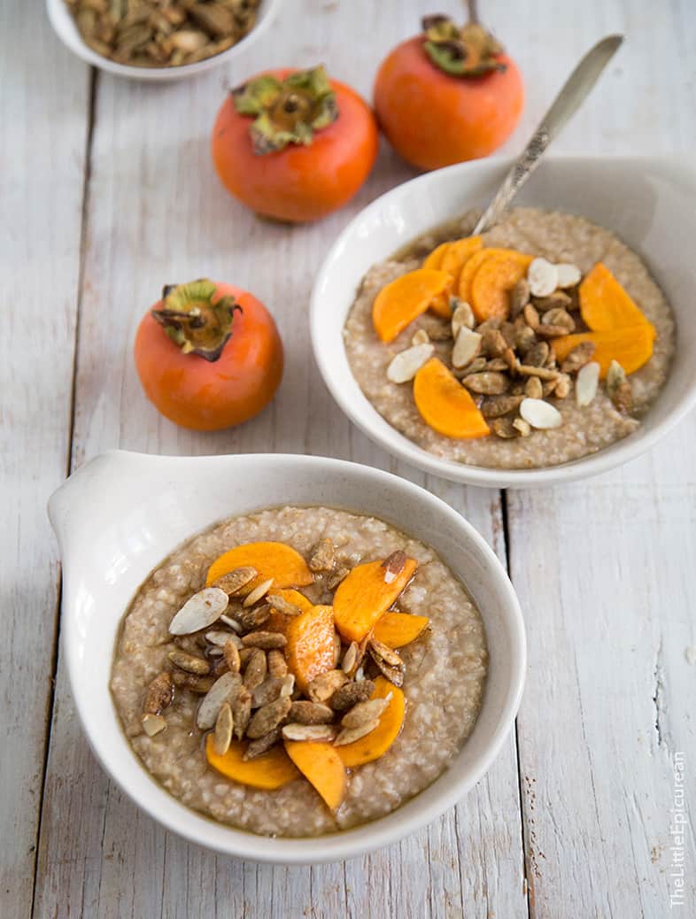 Overnight Steel Cut Oatmeals with persimmon and agave