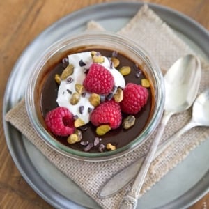 Chocolate Pots de Creme with honey whipped cream