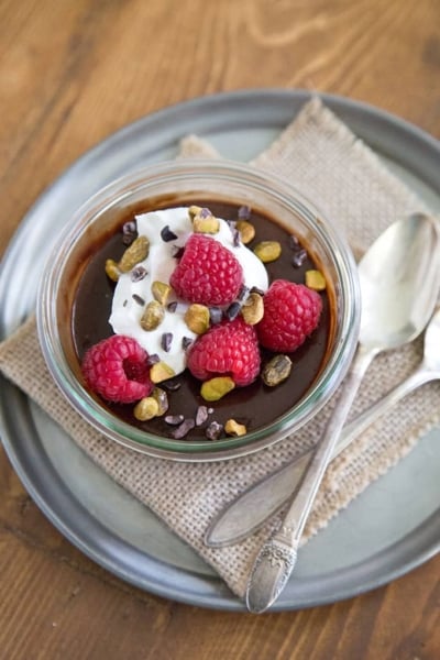 Chocolate Pots de Creme with honey whipped cream