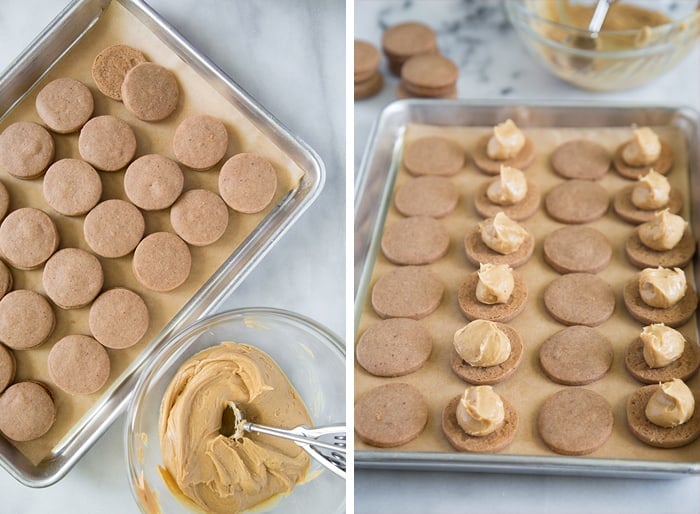 assemble espresso cookies with peanut butter frosting. 