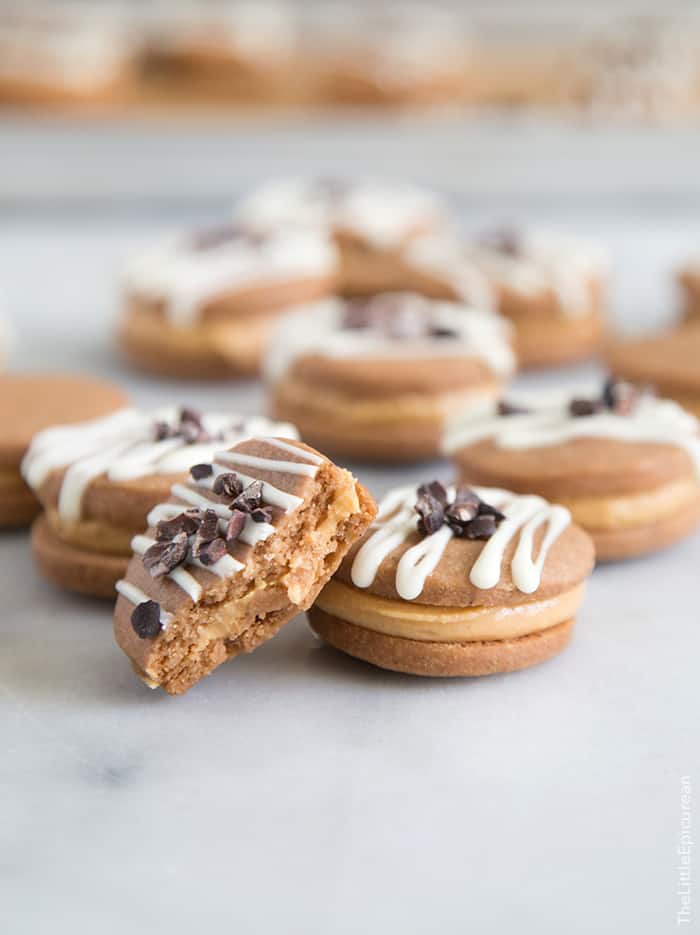 cross section of peanut butter espresso cookie sandwiches. 