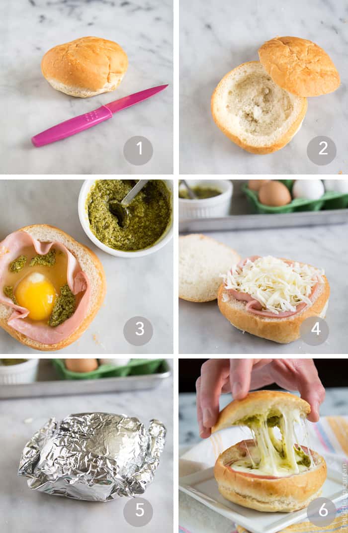 Pesto Eggs, Ham & Cheesy Bread Bowl