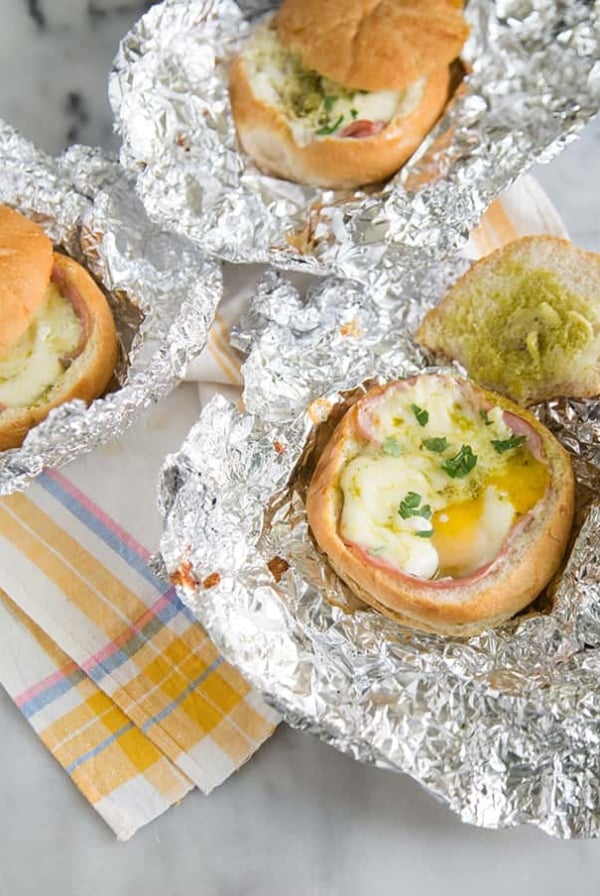 breakfast bread bowls baked in foil wraps.