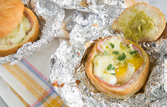 breakfast bread bowls baked in foil wraps.