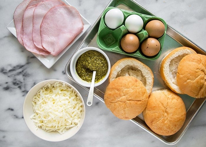 Pesto Eggs, Ham & Cheesy Bread Bowl