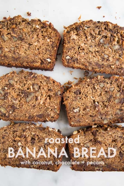 Roasted Banana Bread with coconut, chocolate + pecans | the little epicurean