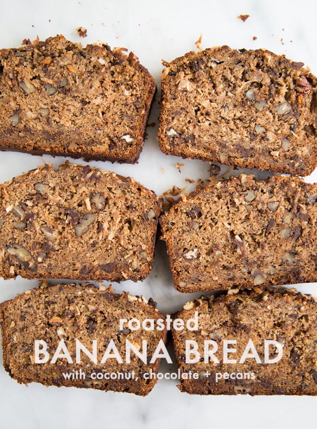 Roasted Banana Bread with coconut, chocolate + pecans | the little epicurean