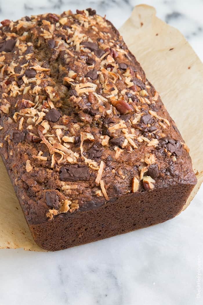 Roasted Banana Bread with coconut, chocolate + pecans | the little epicurean