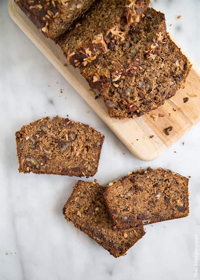 Roasted Banana Bread with coconut, chocolate + pecans | the little epicurean