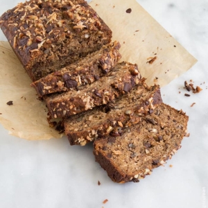 Roasted Banana Bread with coconut, chocolate + pecans | the little epicurean