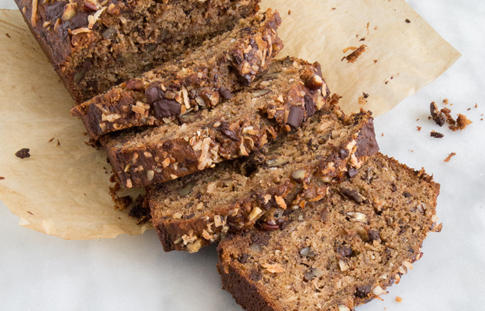 Roasted Banana Bread with coconut, chocolate + pecans | the little epicurean