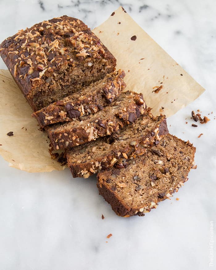 Roasted Banana Bread with coconut, chocolate + pecans | the little epicurean