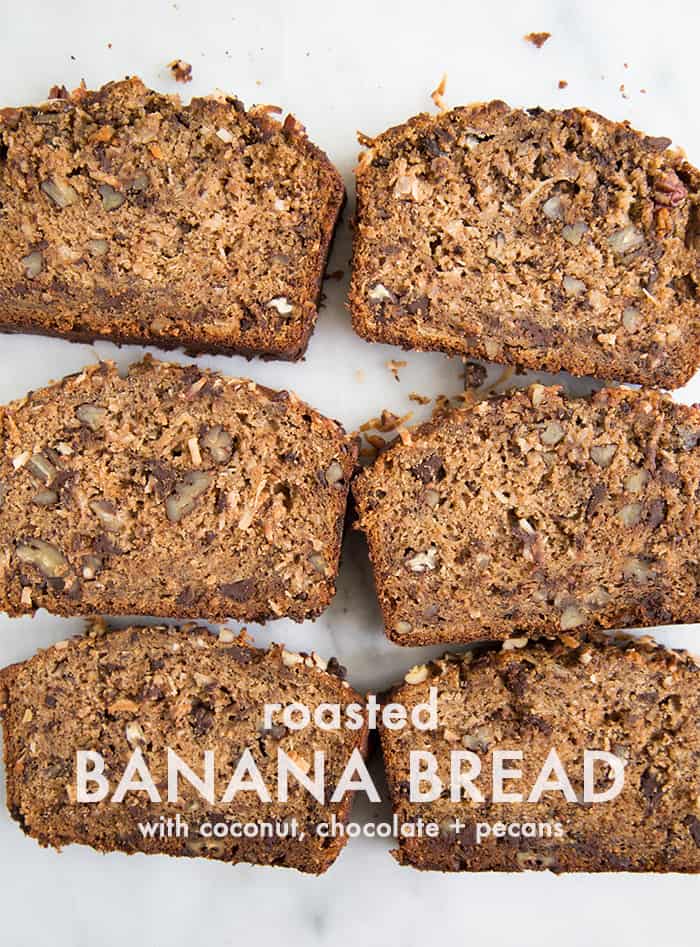 Roasted Banana Bread with coconut, chocolate + pecans | the little epicurean