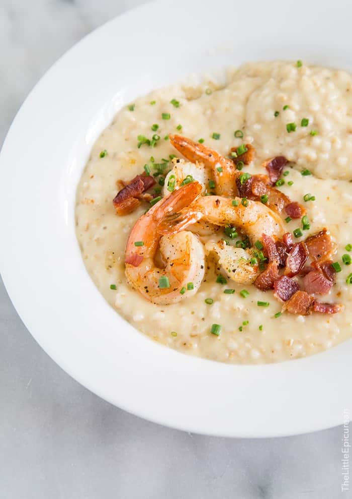 bowl of shrimp and grits made with oatmeal.