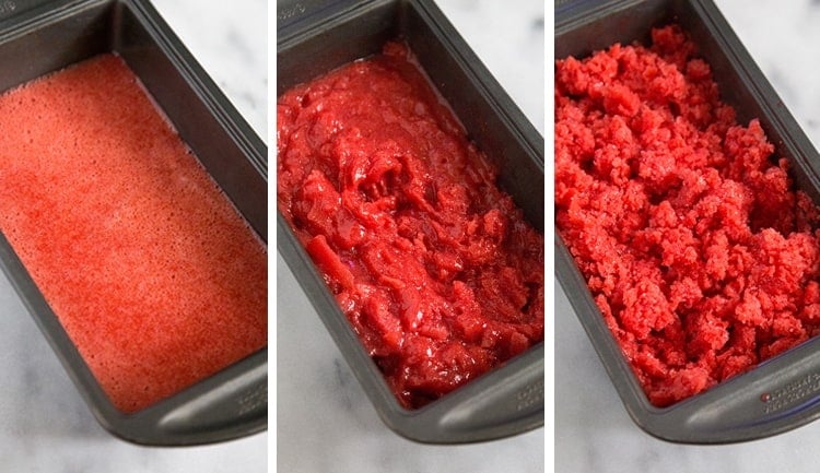 three steps showing development of strawberry granita in the freezer.