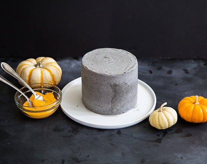 Halloween Black Sesame Cake with marshmallow webs