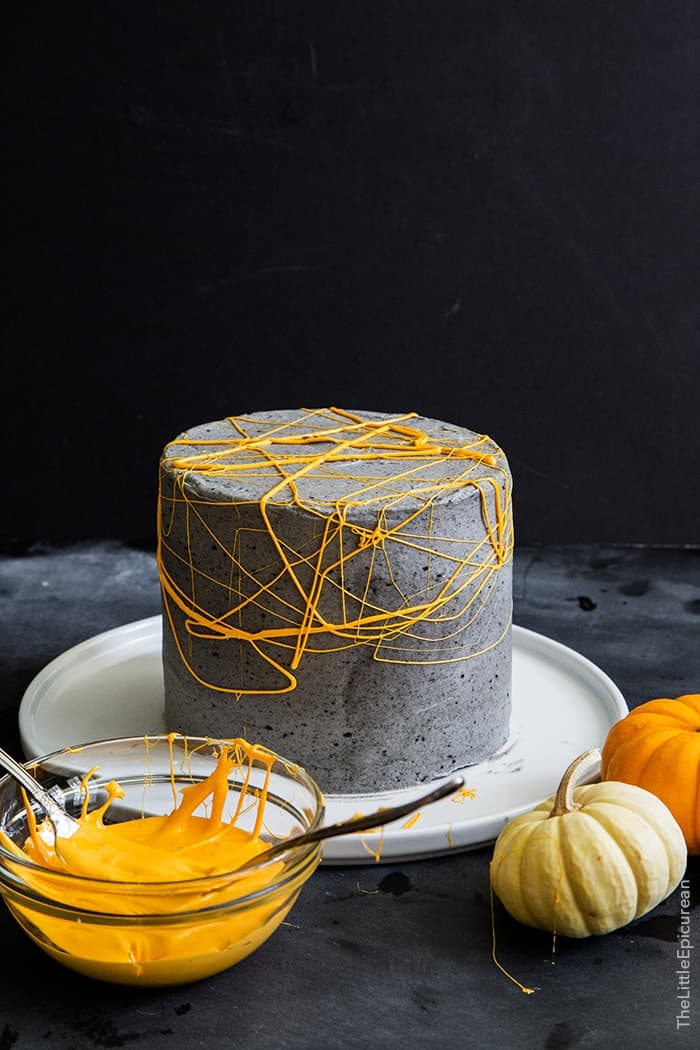 Halloween Black Sesame Cake with marshmallow webs