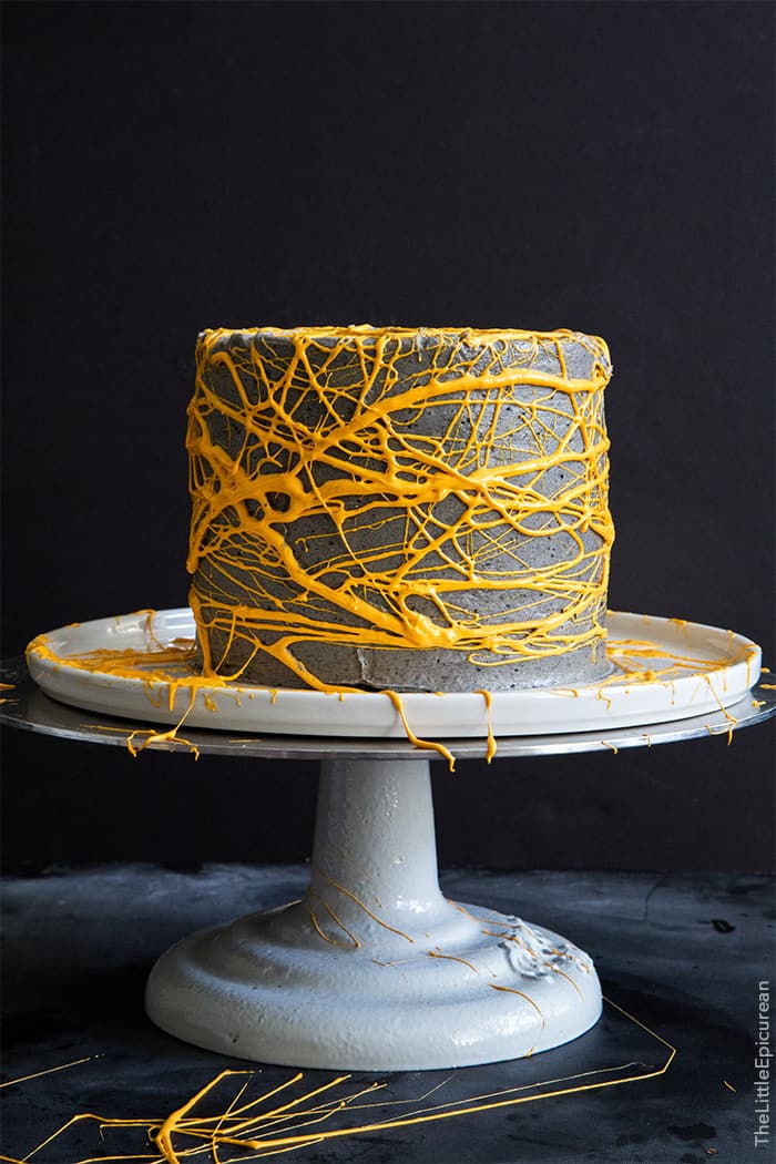 Halloween Black Sesame Cake with marshmallow webs