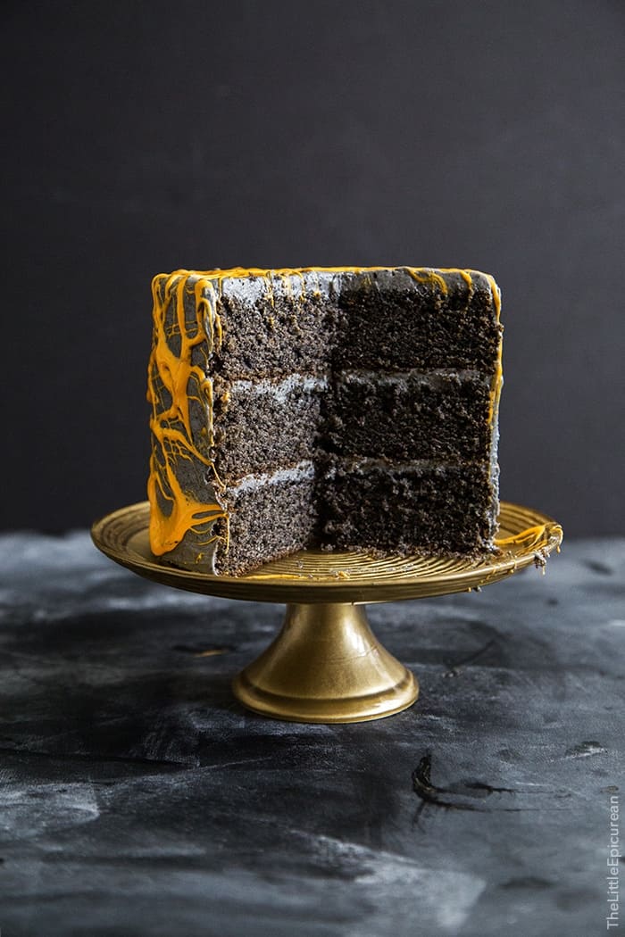Halloween Black Sesame Cake with marshmallow webs