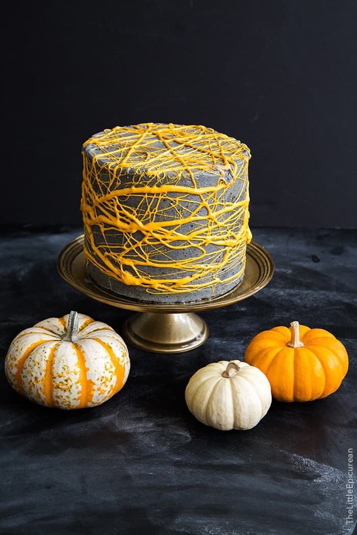 Halloween Black Sesame Cake with marshmallow webs