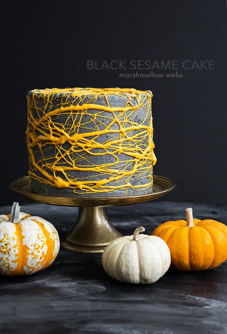 Halloween Black Sesame Cake with marshmallow webs