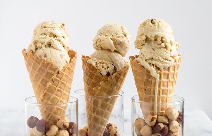 Maple Hazelnut Ice Cream served in waffle cones