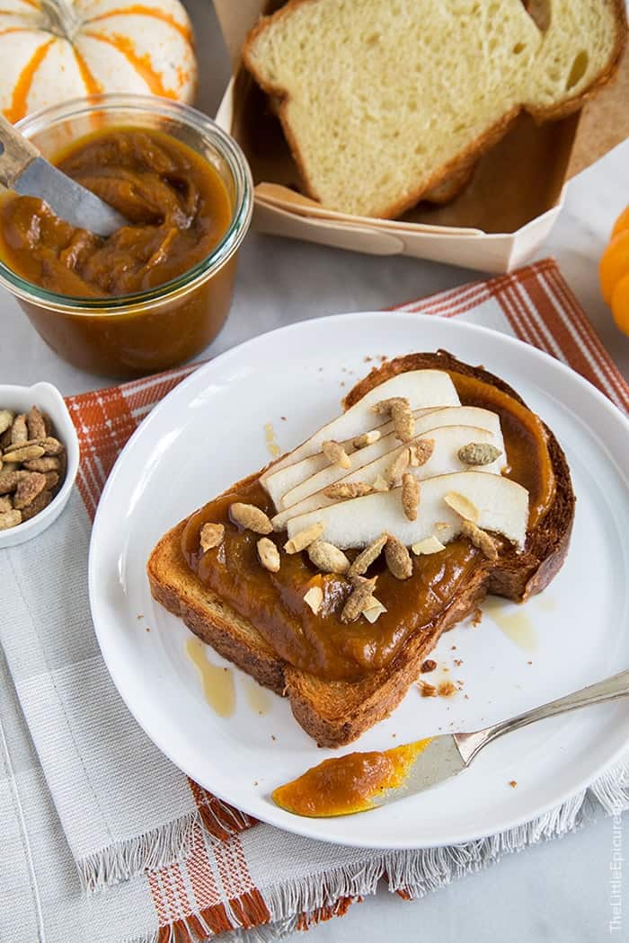 maple pumpkin butter spread on brioche toast.