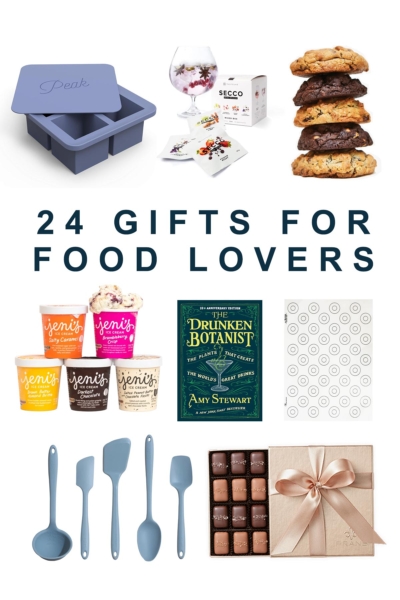 8 images showing a variety of items included in holiday gift include such as ice cube tray, sea salt caramel chocolate, silicone spatulas, and ice cream.