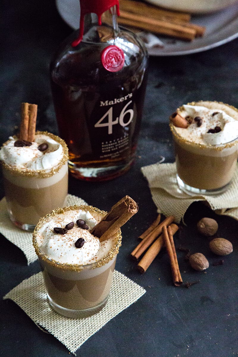 garnish cocktail with coffee beans and cinnamon stick.