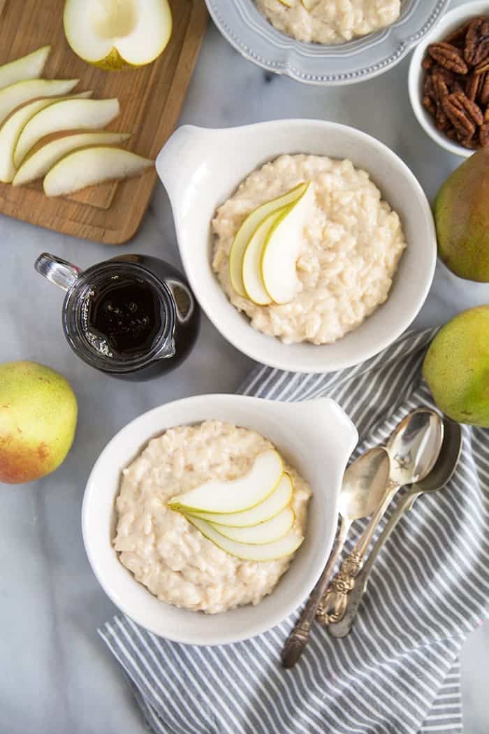 Pear Rice Pudding with maple and candied pecans