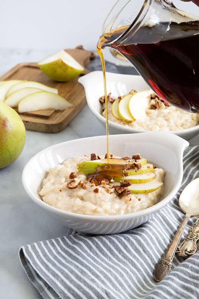 Pear Rice Pudding with maple and candied pecans