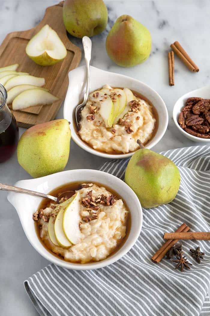 Pear Rice Pudding with maple and candied pecans