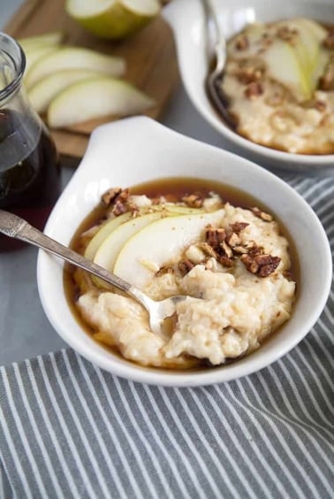 Pear Rice Pudding with maple and candied pecans